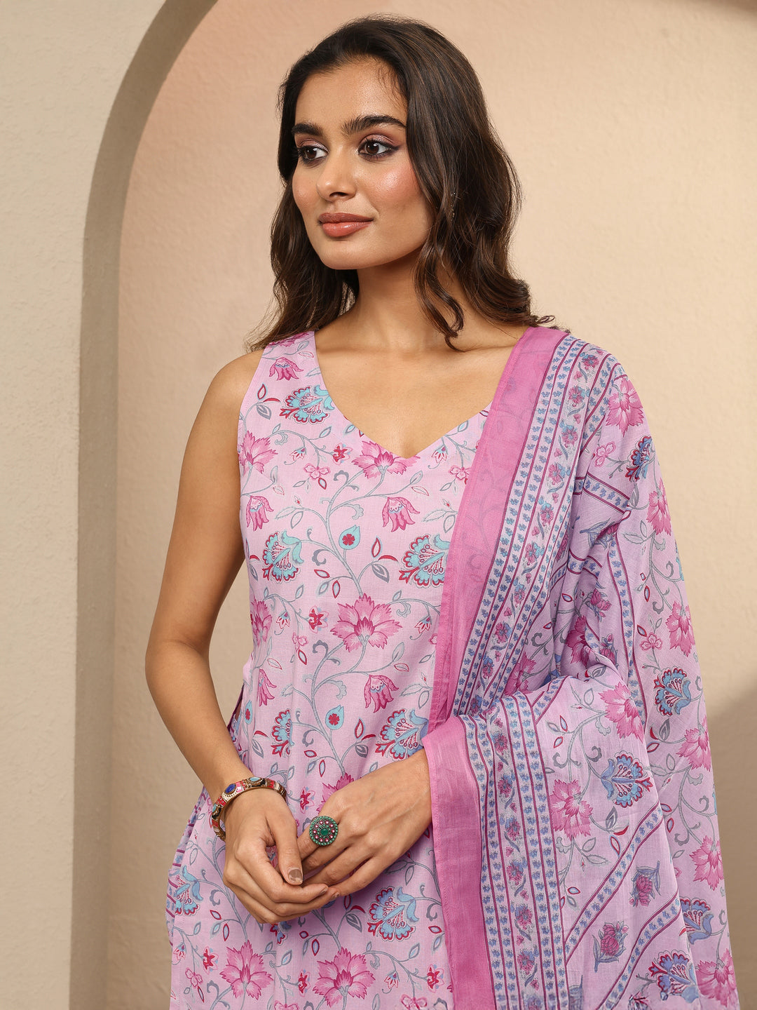 Lavender Printed Cotton Straight Suit Set With Dupatta