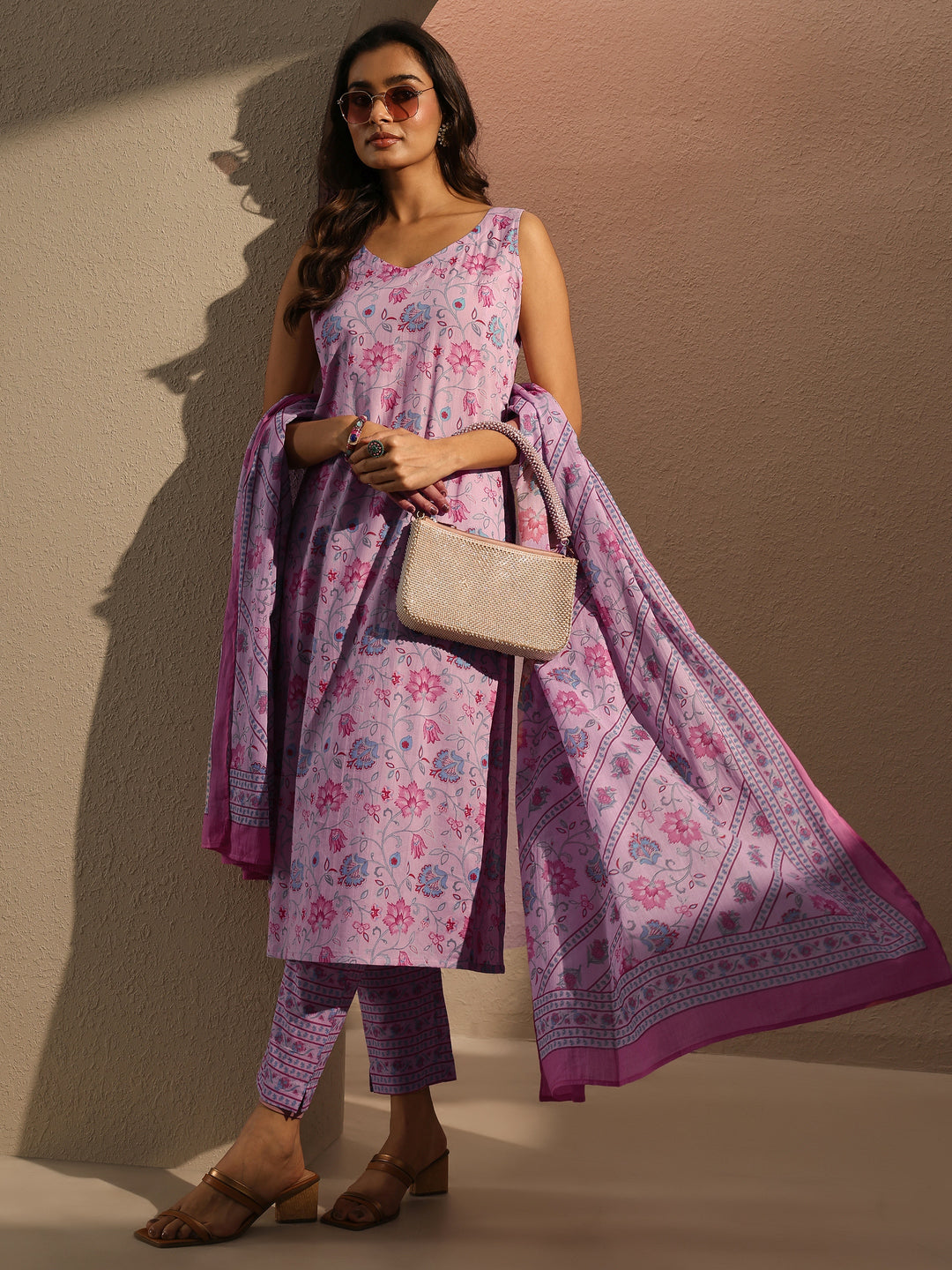 Lavender Printed Cotton Straight Suit Set With Dupatta
