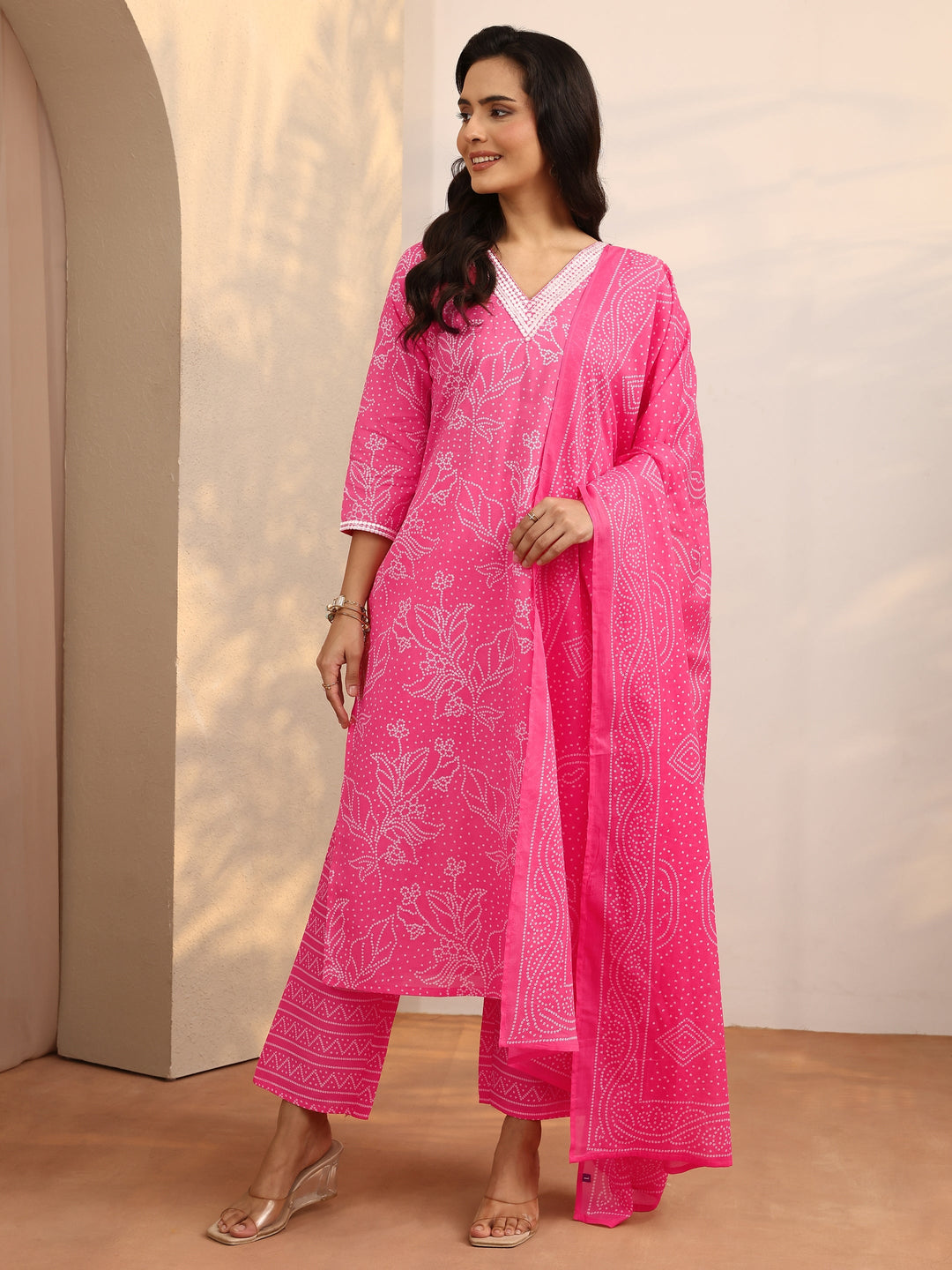 Pink Printed Cotton Straight Suit Set With Dupatta