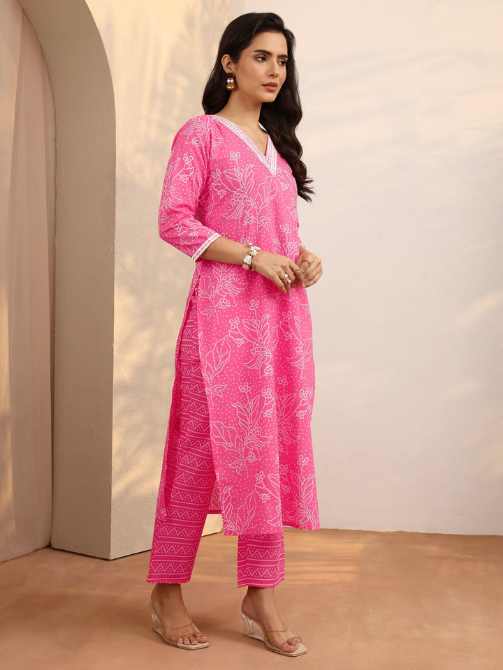 Pink Printed Cotton Straight Suit Set With Dupatta