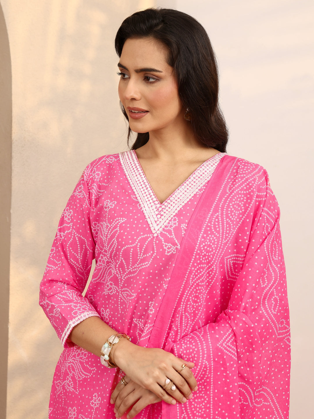 Pink Printed Cotton Straight Suit Set With Dupatta