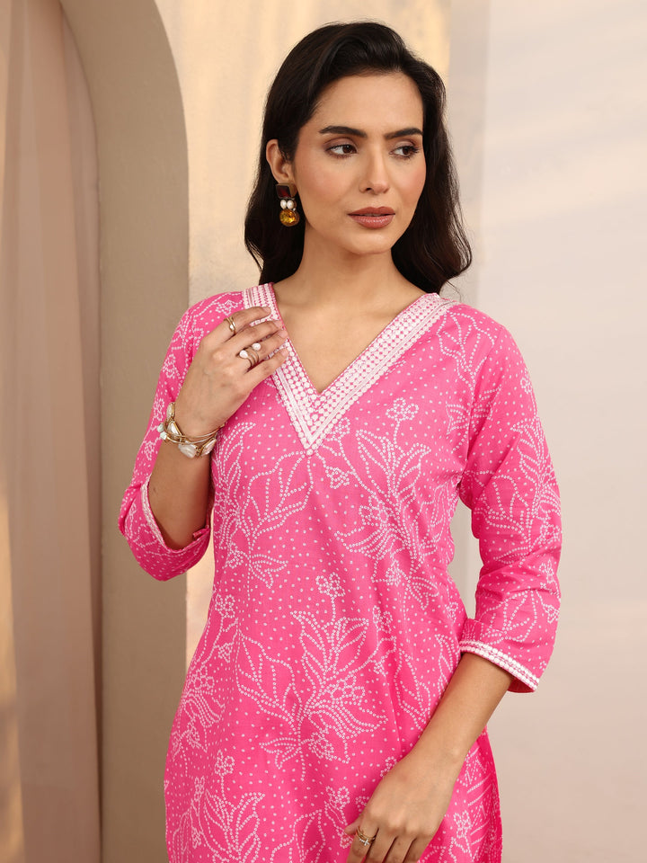 Pink Printed Cotton Straight Suit Set With Dupatta