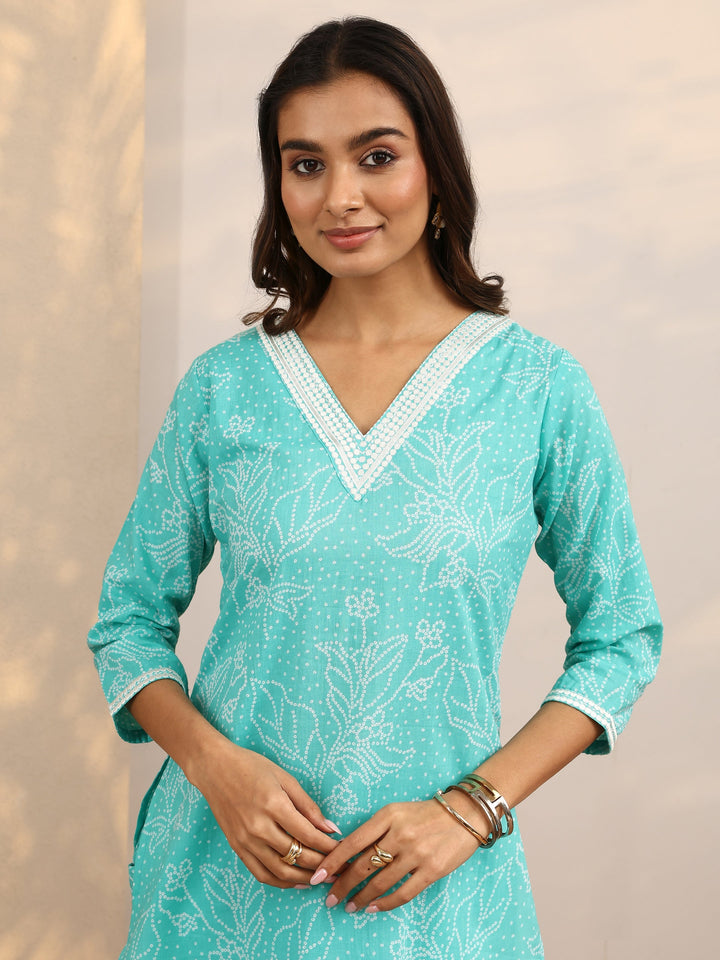 Green Bandhani Printed Cotton Suit Set With Dupatta