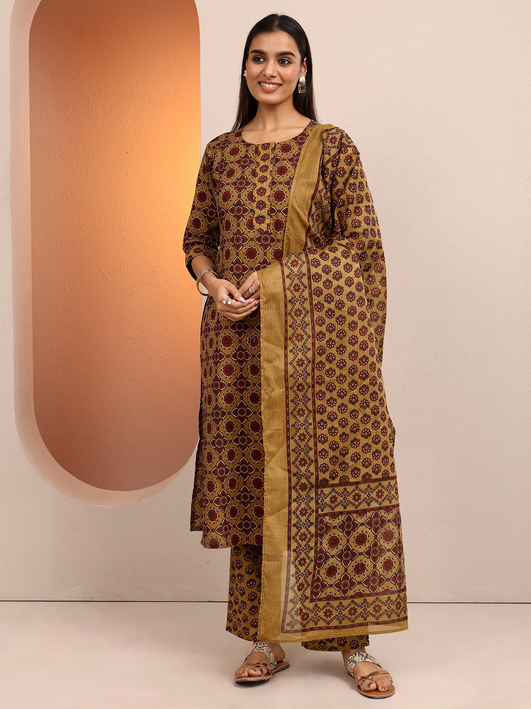 Mustard Printed Cotton Straight Suit Set With Dupatta