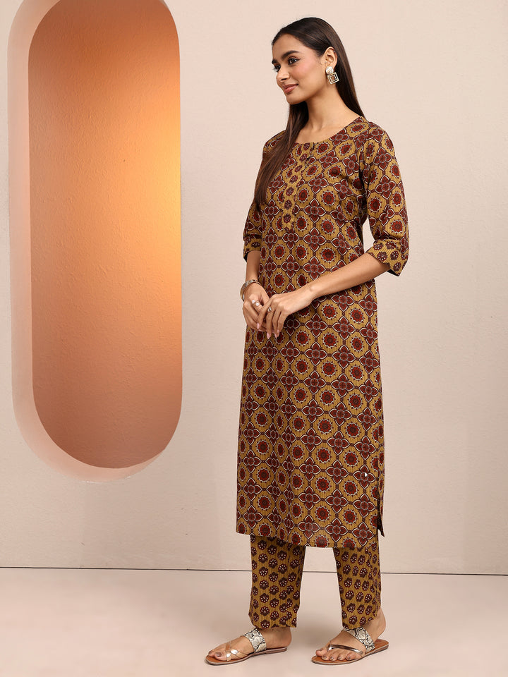 Mustard Printed Cotton Straight Suit Set With Dupatta