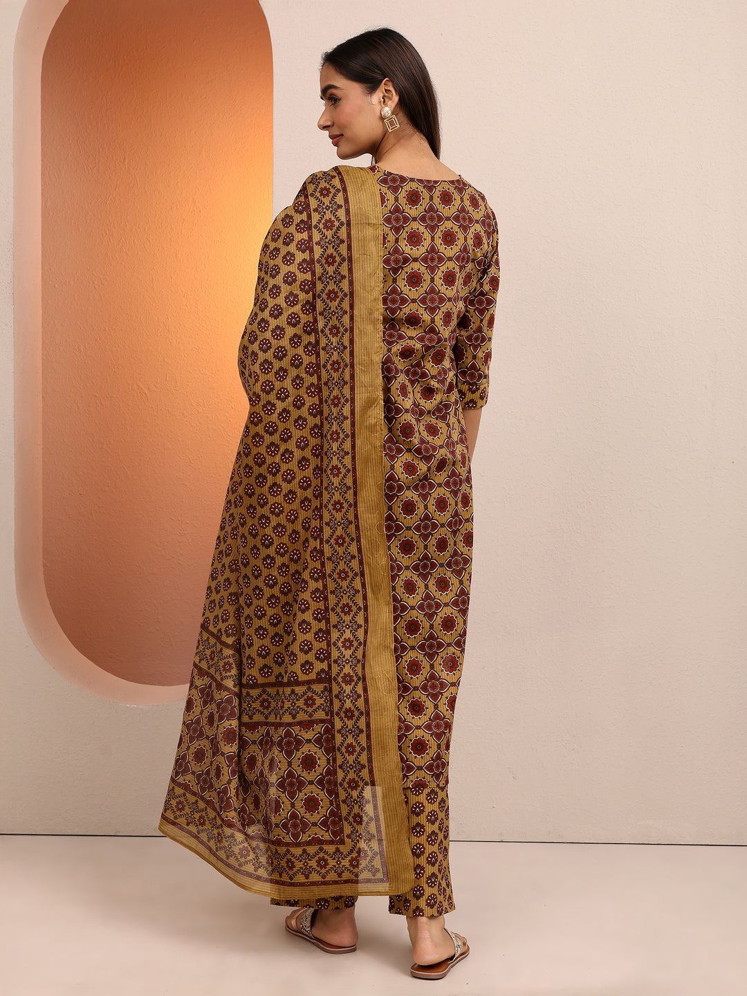 Mustard Printed Cotton Straight Suit Set With Dupatta
