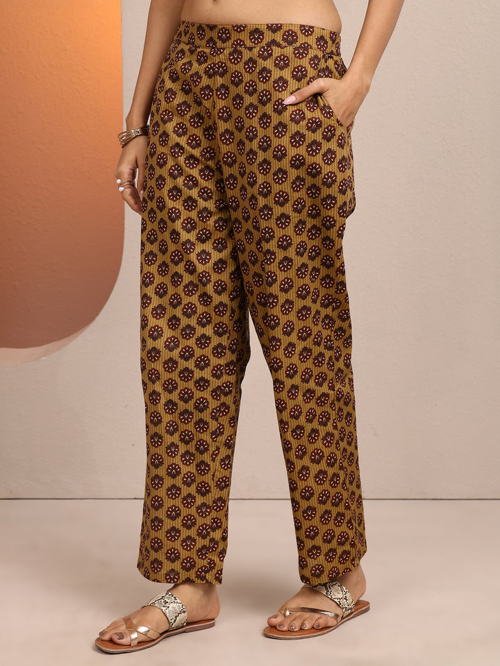 Mustard Printed Cotton Straight Suit Set With Dupatta