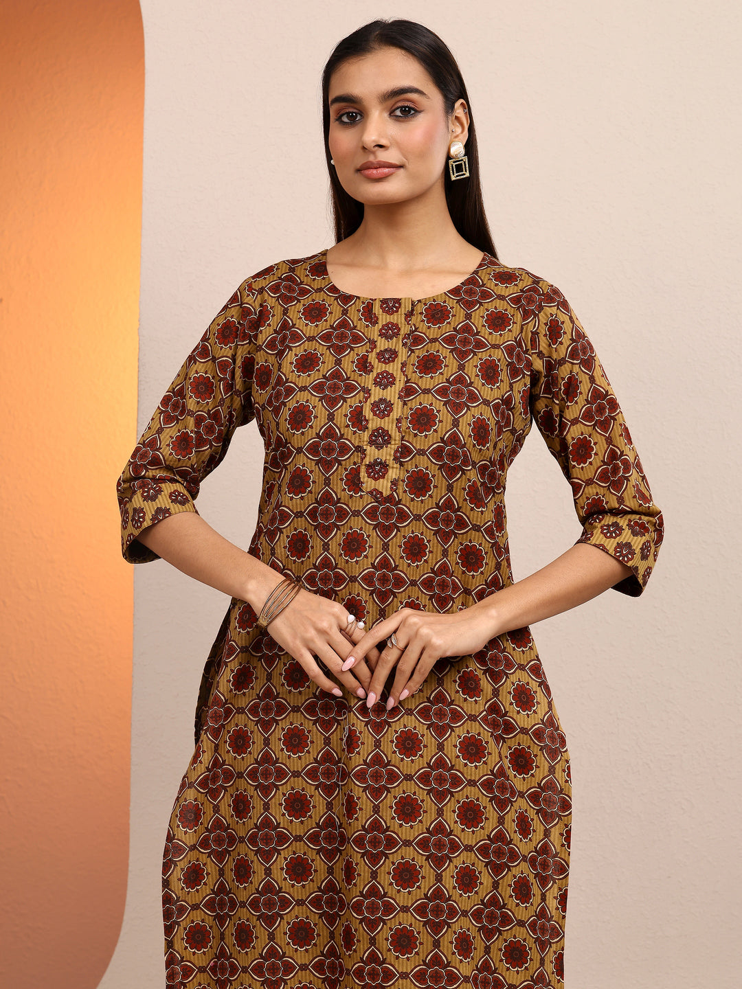 Mustard Printed Cotton Straight Suit Set With Dupatta