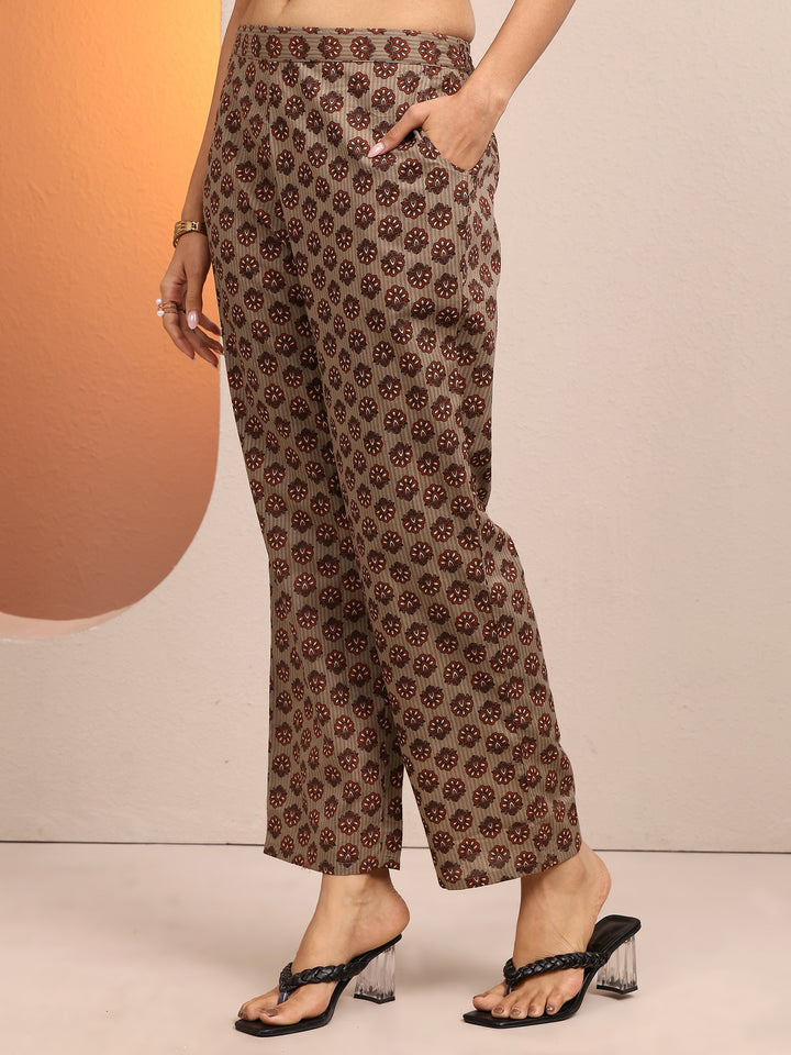 Grey Printed Cotton Straight Suit Set With Dupatta