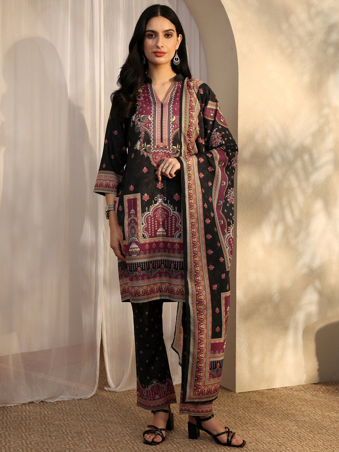 Black Printed Cotton Blend Straight Suit Set With Dupatta