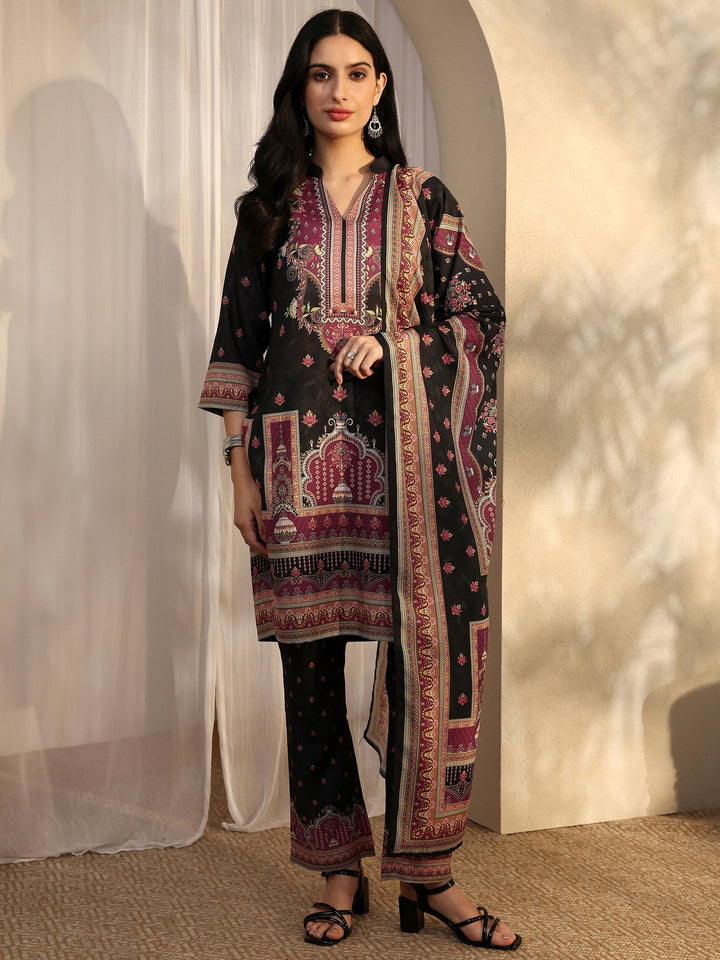 Black Printed Cotton Blend Straight Suit Set With Dupatta