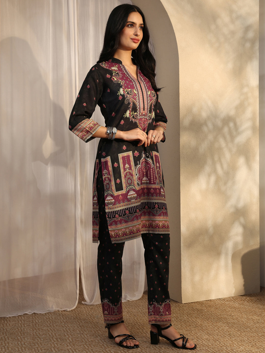 Black Printed Cotton Blend Straight Suit Set With Dupatta