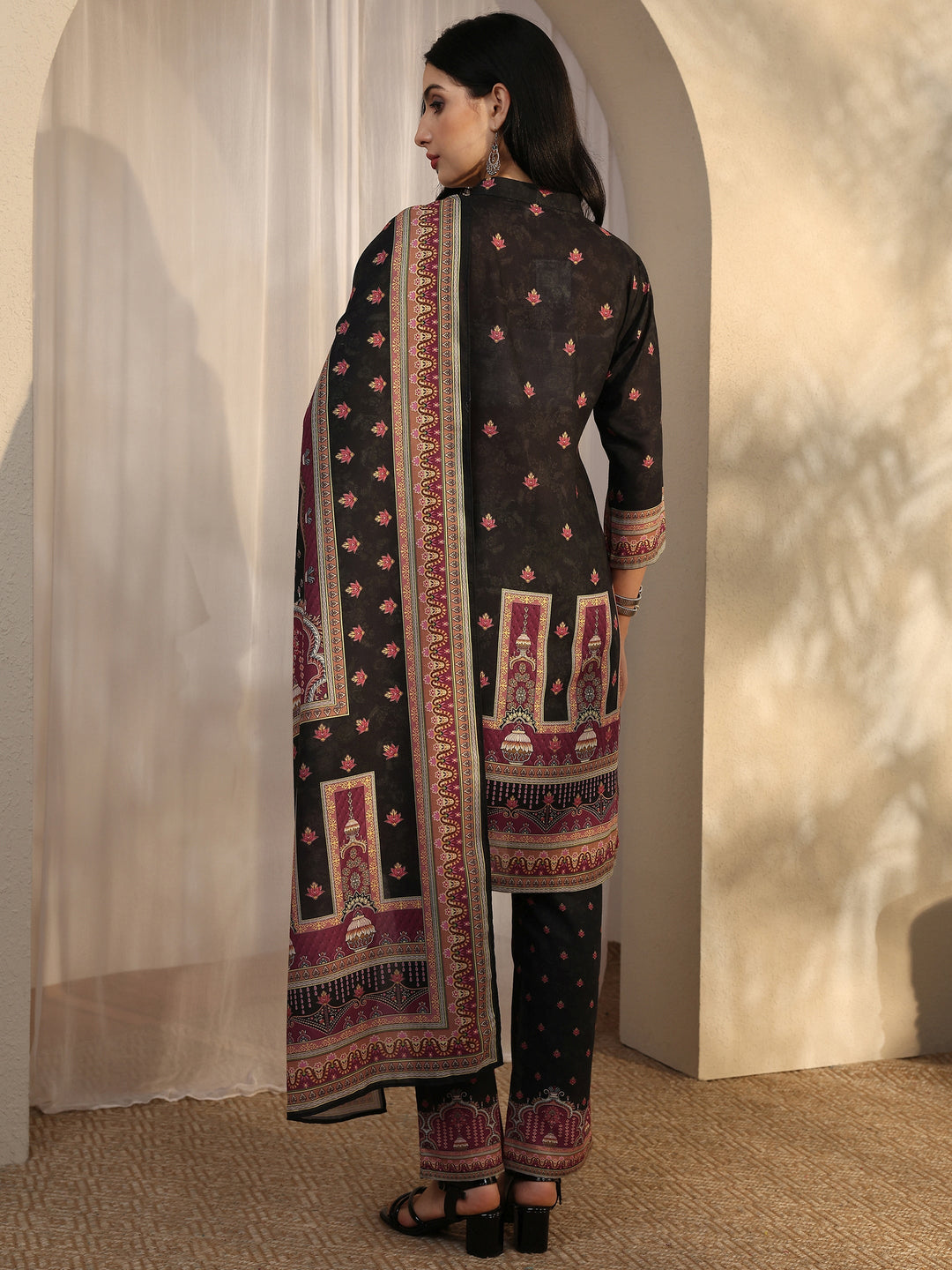 Black Printed Cotton Blend Straight Suit Set With Dupatta