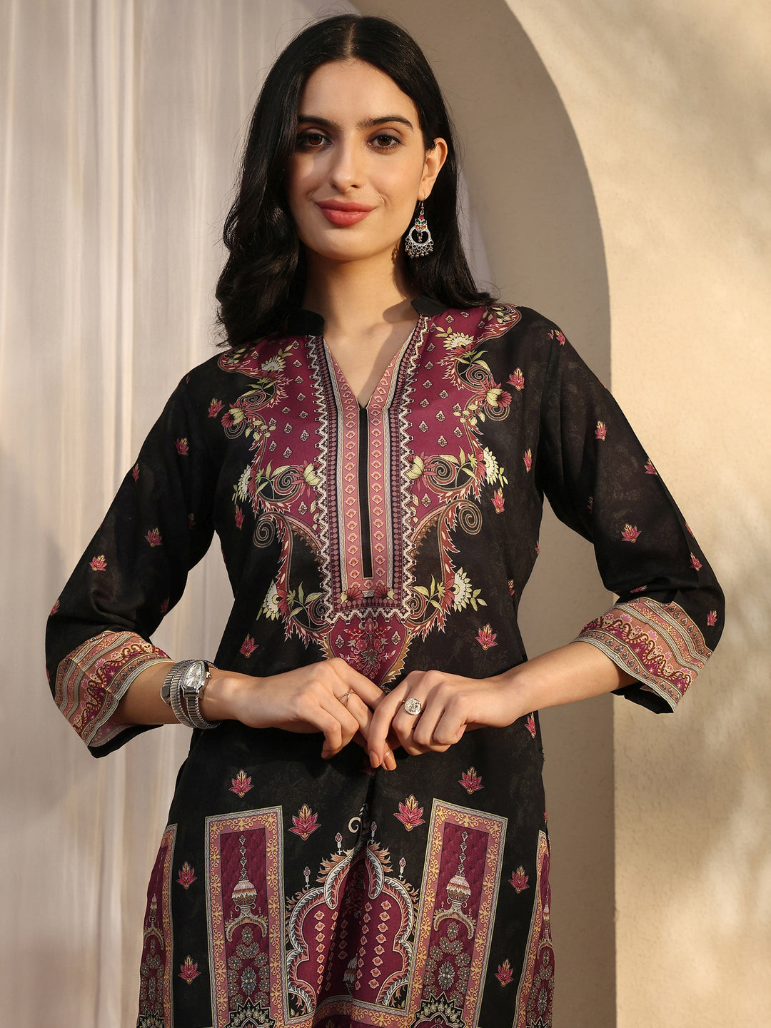 Black Printed Cotton Blend Straight Suit Set With Dupatta