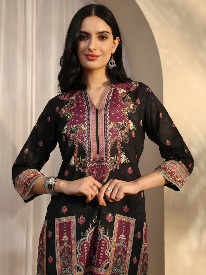 Black Printed Cotton Blend Straight Suit Set With Dupatta