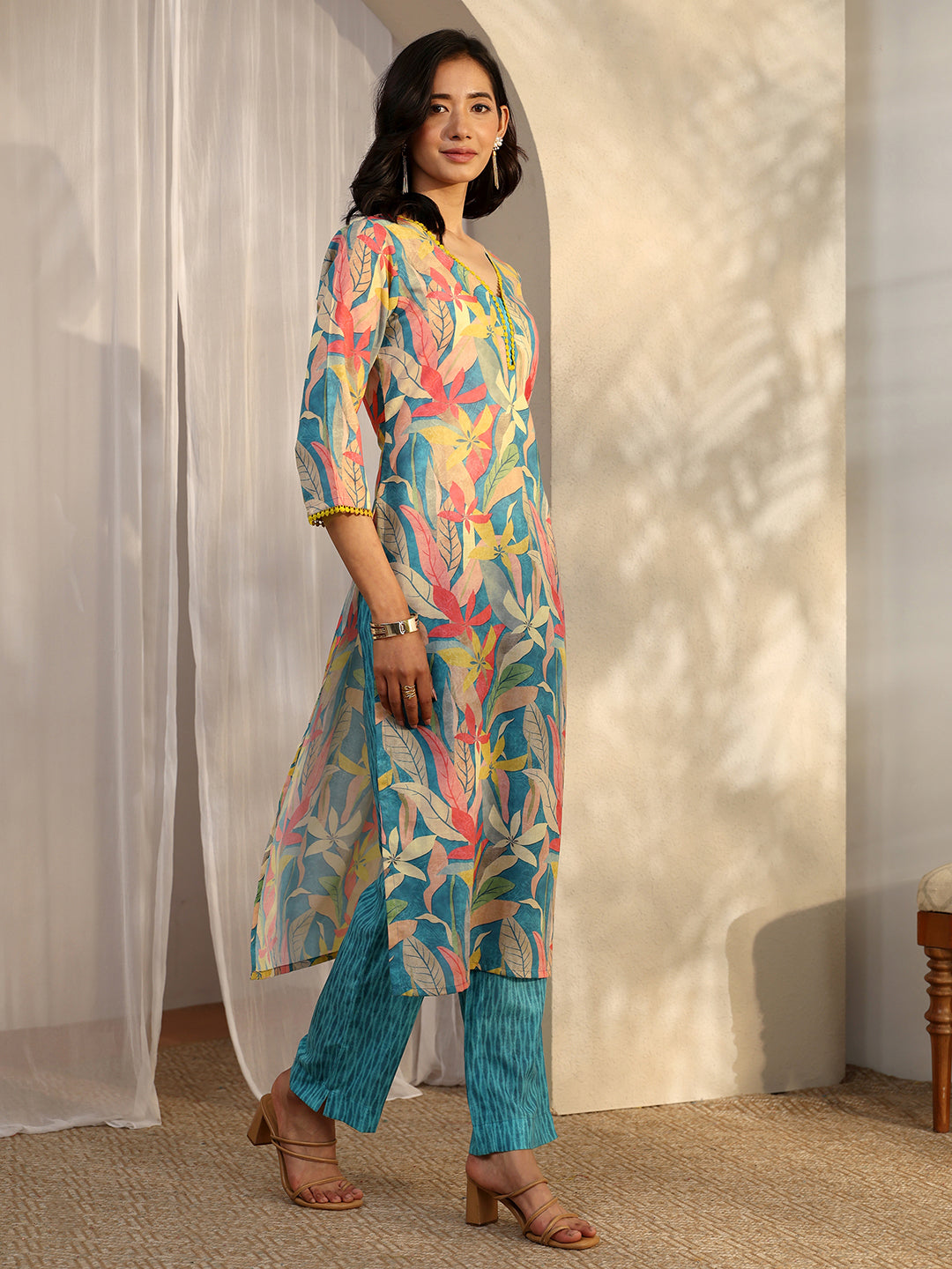 Blue Printed Cotton Blend Straight Suit Set With Dupatta