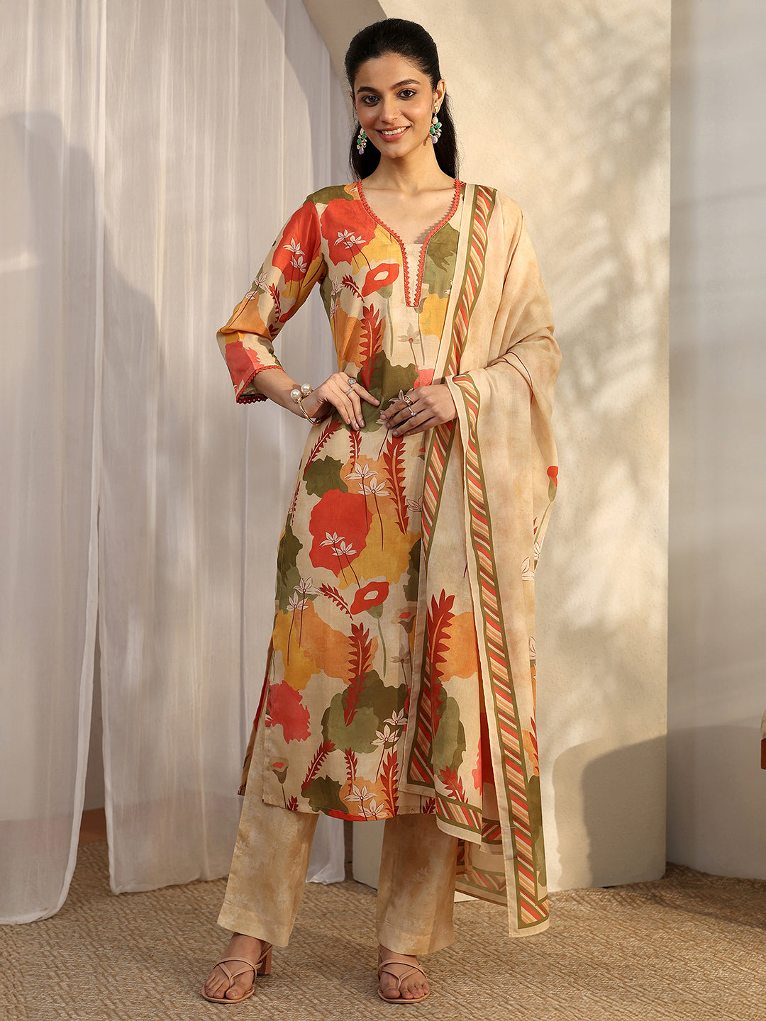 Multi Printed Cotton Blend Straight Suit Set With Dupatta