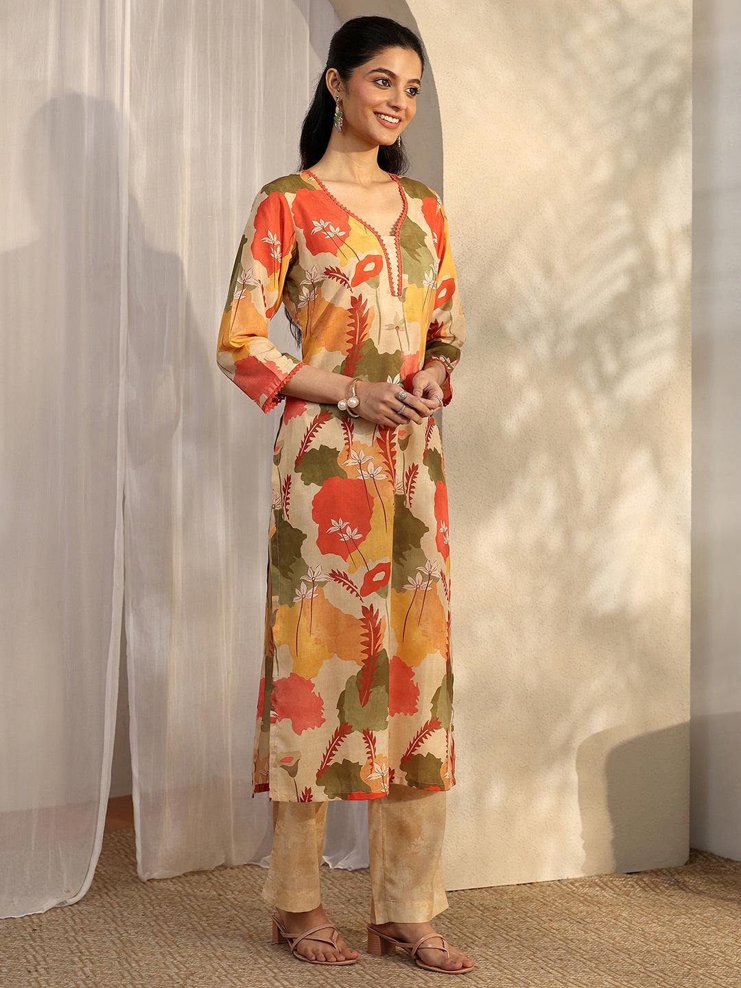 Multi Printed Cotton Blend Straight Suit Set With Dupatta