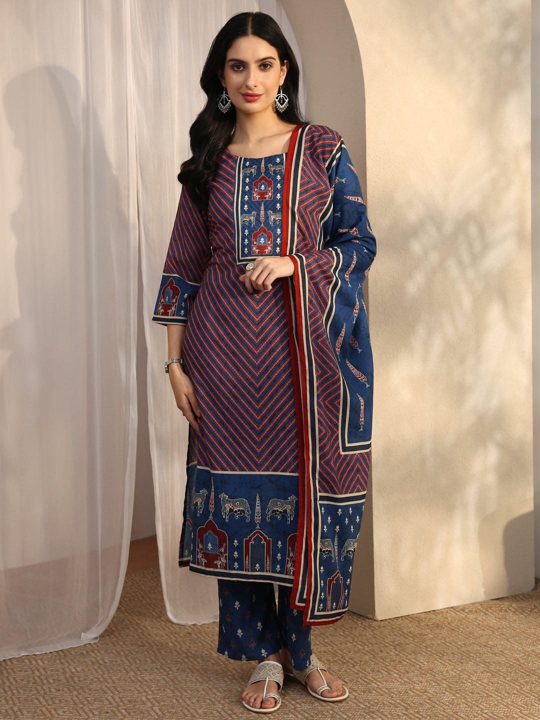 Blue Striped Printed Cotton Blend Straight Suit Set With Dupatta