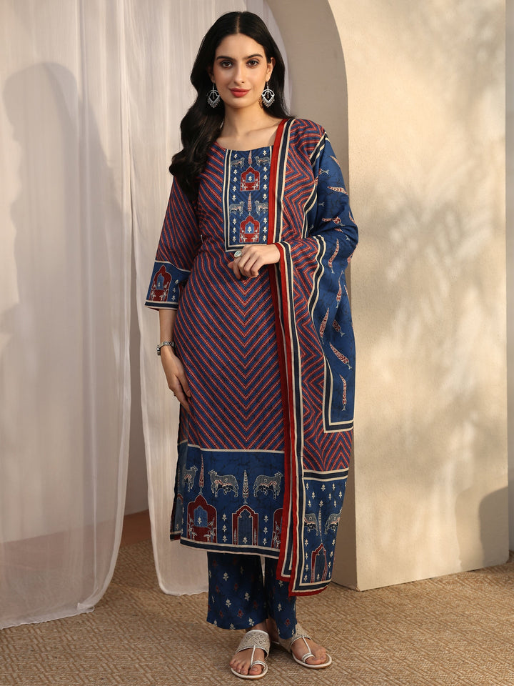 Blue Striped Printed Cotton Blend Straight Suit Set With Dupatta