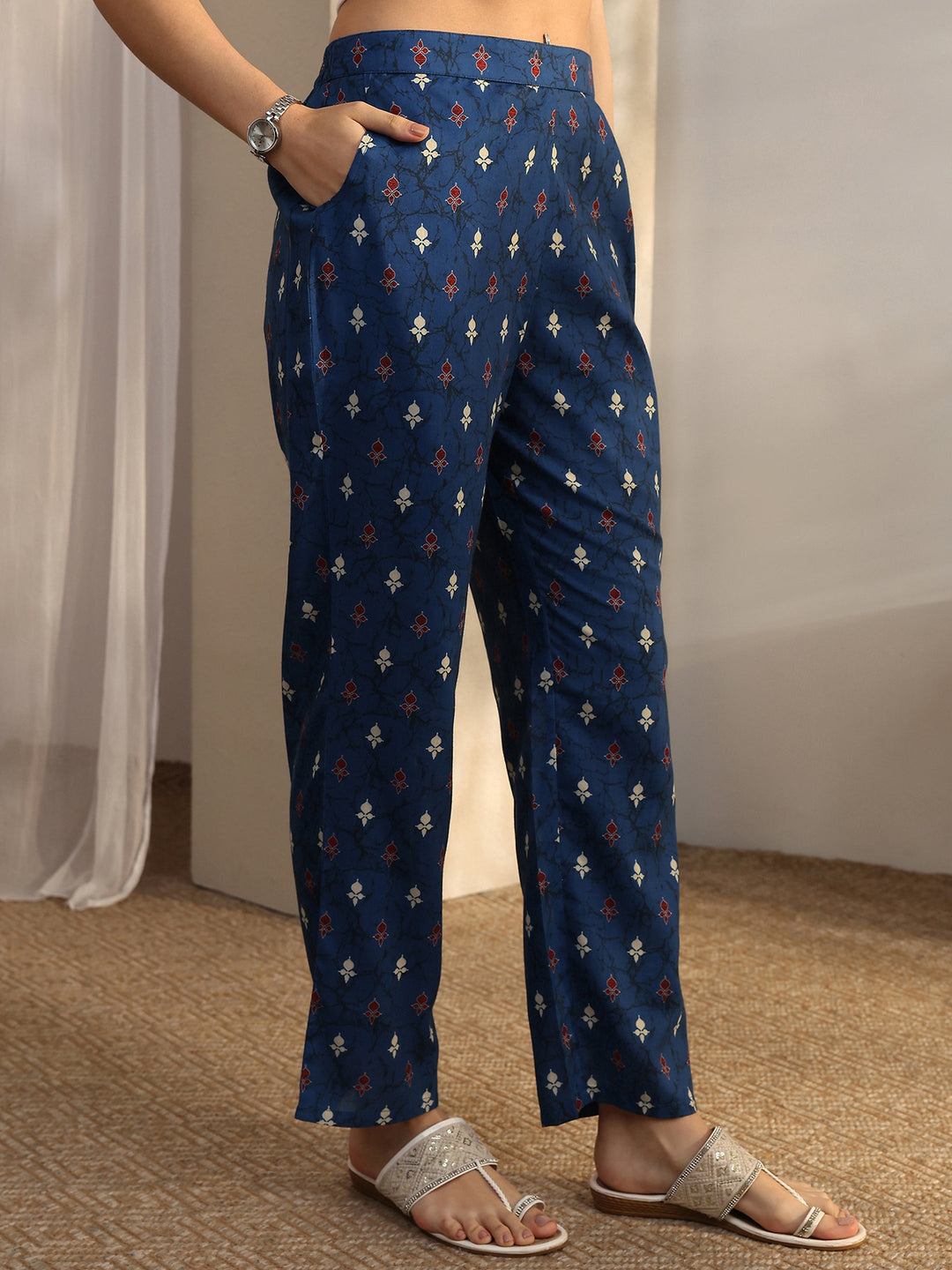 Blue Striped Printed Cotton Blend Straight Suit Set With Dupatta