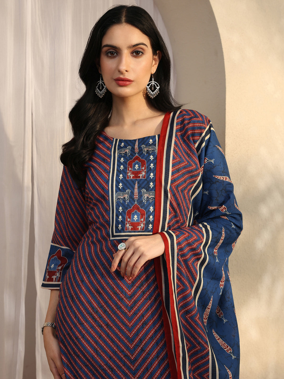 Blue Striped Printed Cotton Blend Straight Suit Set With Dupatta