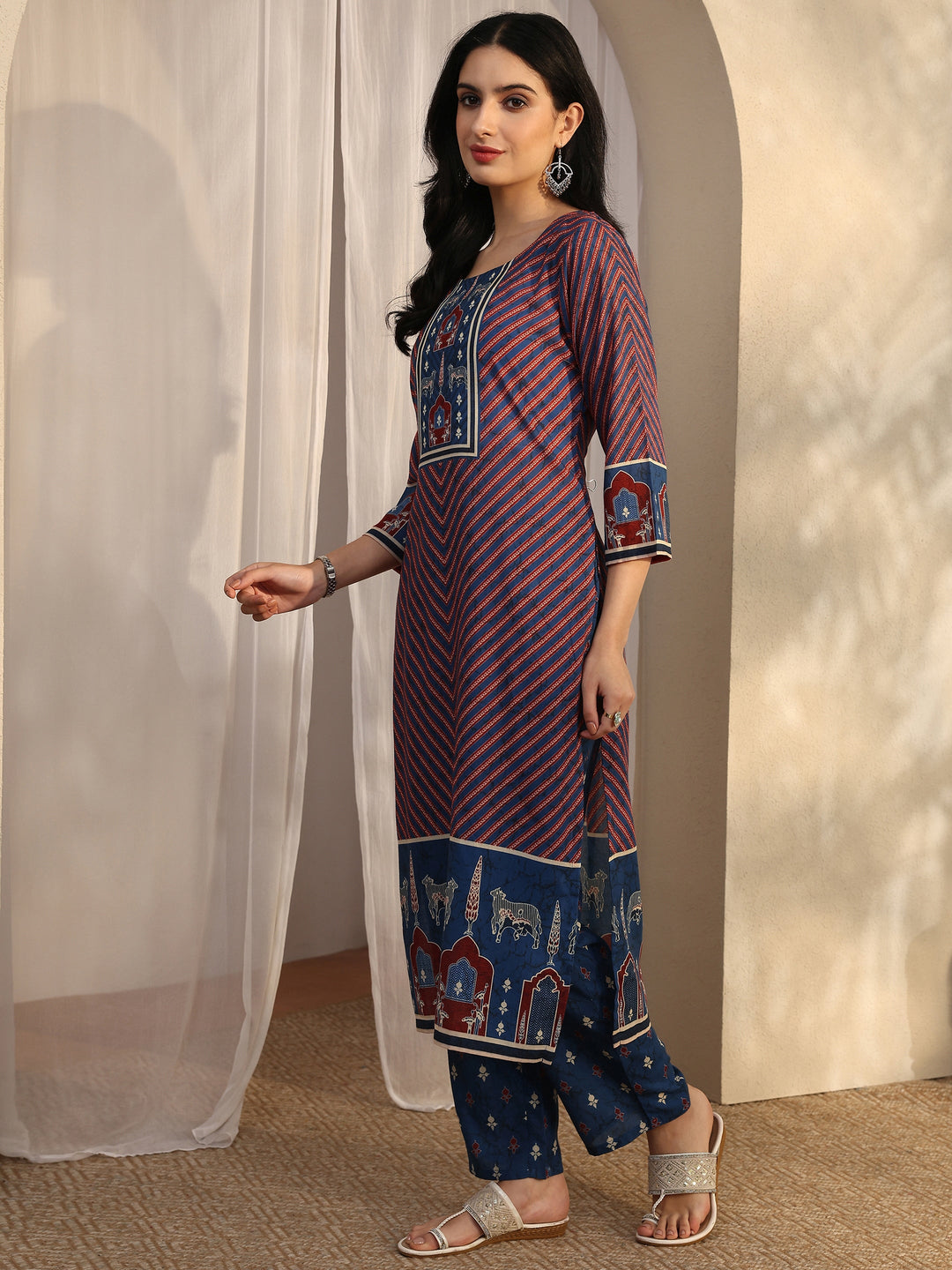 Blue Striped Printed Cotton Blend Straight Suit Set With Dupatta