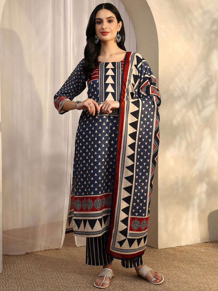 Blue Geometric Printed Cotton Blend Straight Suit Set With Dupatta