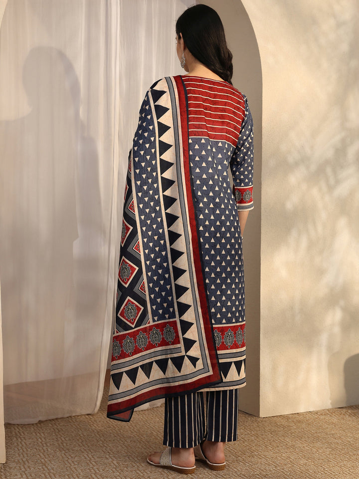Blue Geometric Printed Cotton Blend Straight Suit Set With Dupatta