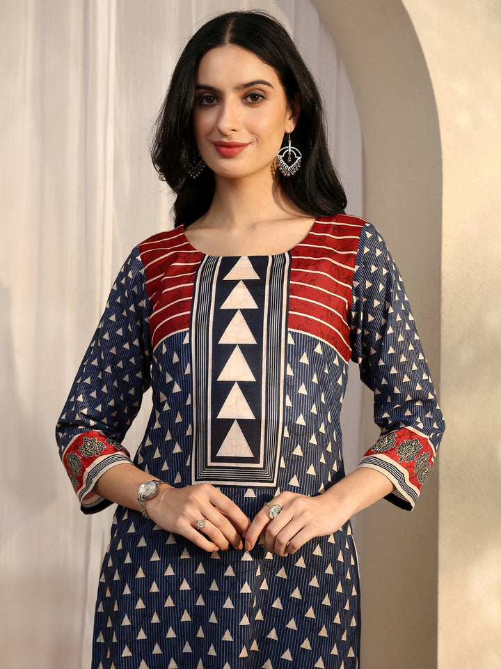 Blue Geometric Printed Cotton Blend Straight Suit Set With Dupatta