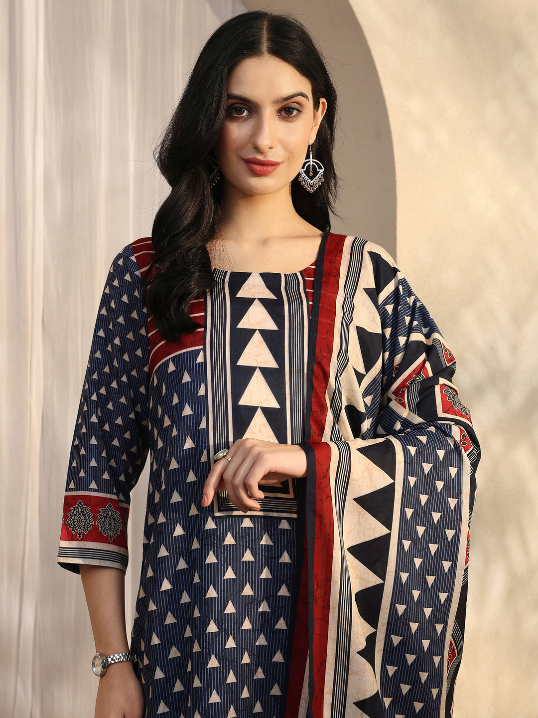 Blue Geometric Printed Cotton Blend Straight Suit Set With Dupatta