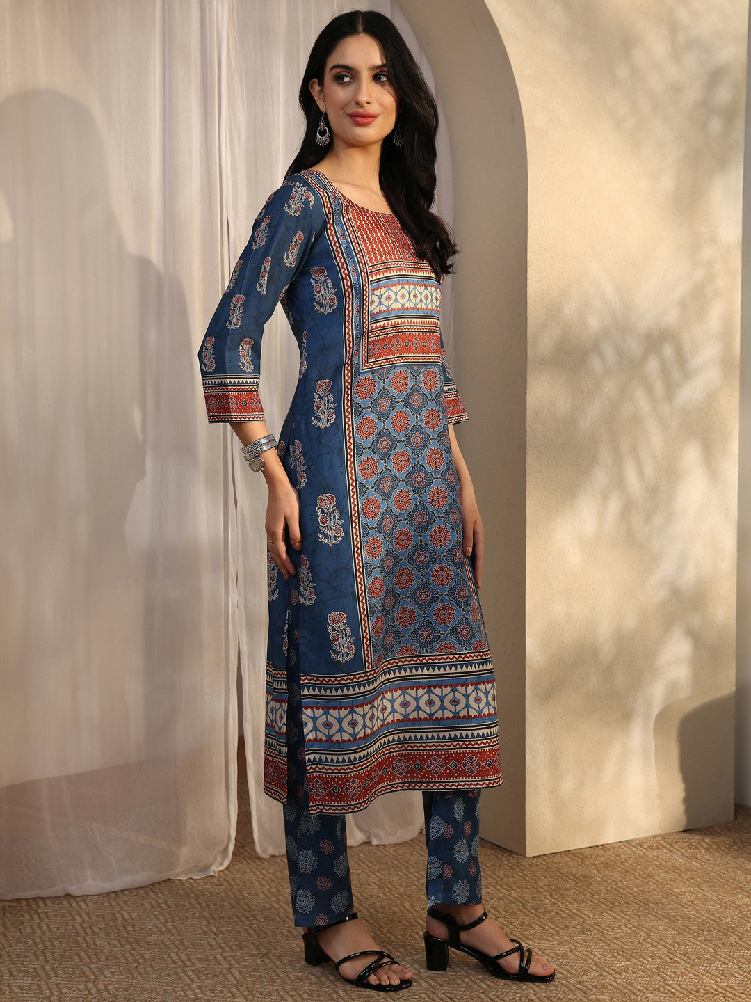 Blue Printed Cotton Blend Straight Suit Set With Dupatta