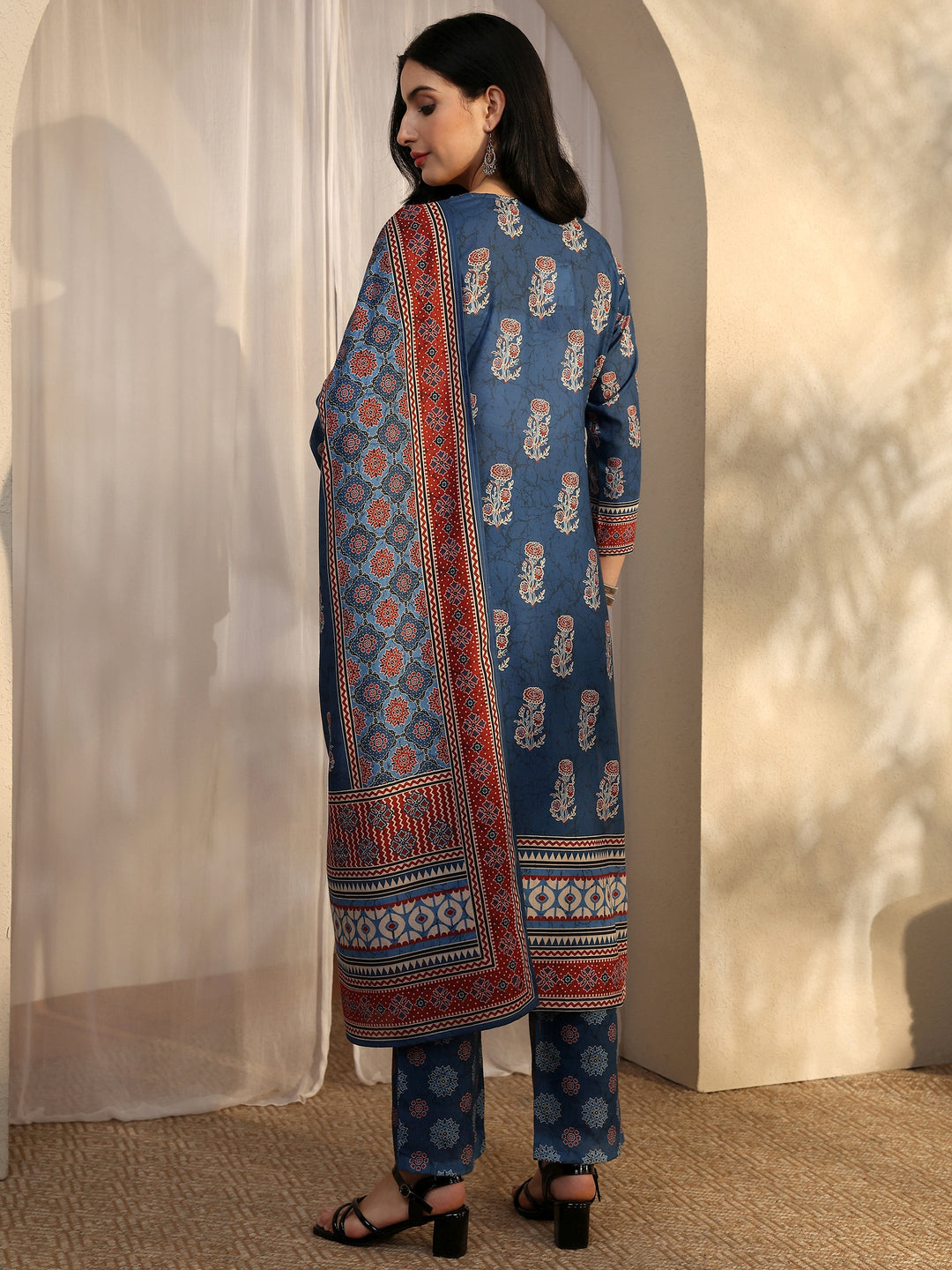 Blue Printed Cotton Blend Straight Suit Set With Dupatta