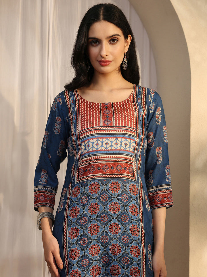 Blue Printed Cotton Blend Straight Suit Set With Dupatta