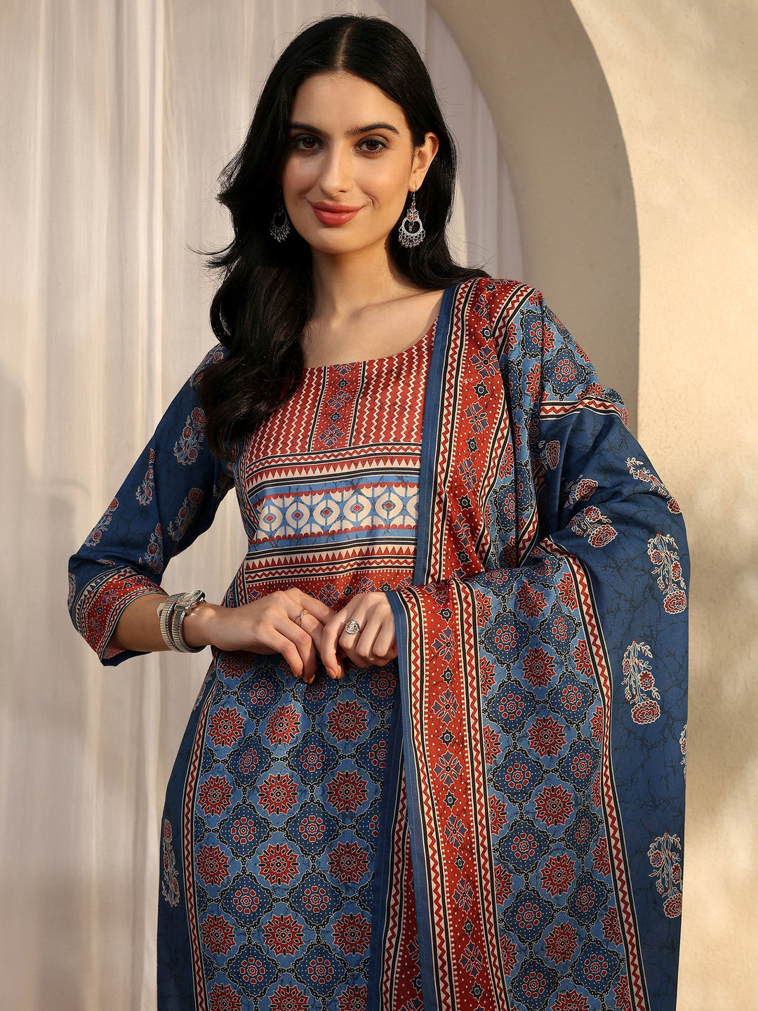 Blue Printed Cotton Blend Straight Suit Set With Dupatta