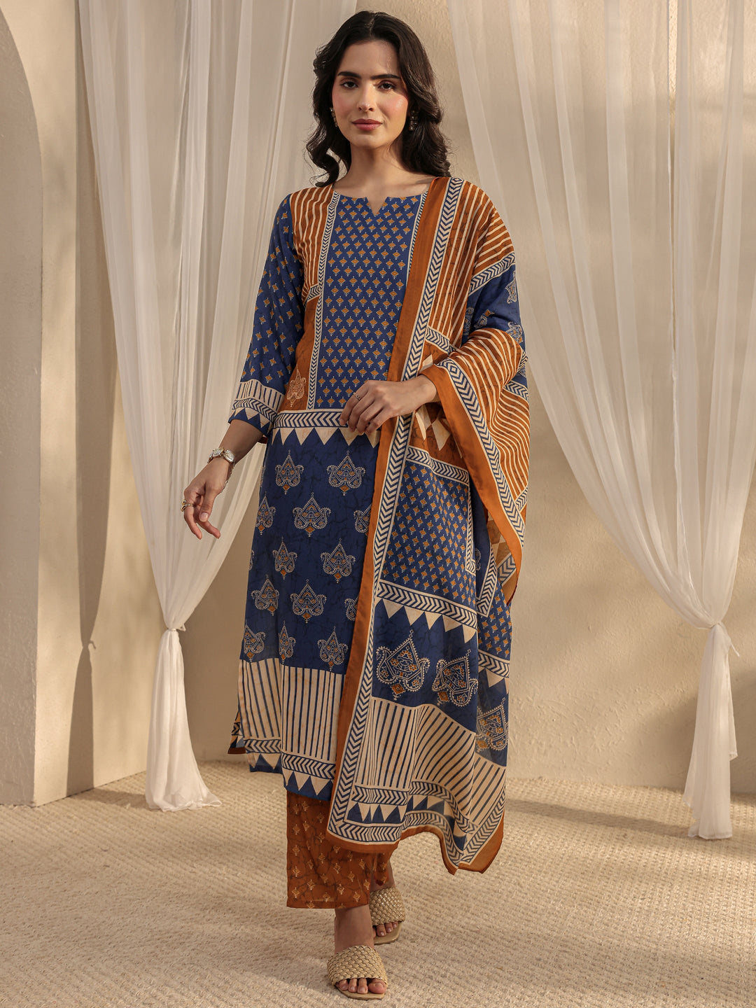 Blue Ethnic Printed Cotton Blend Straight Suit Set With Dupatta