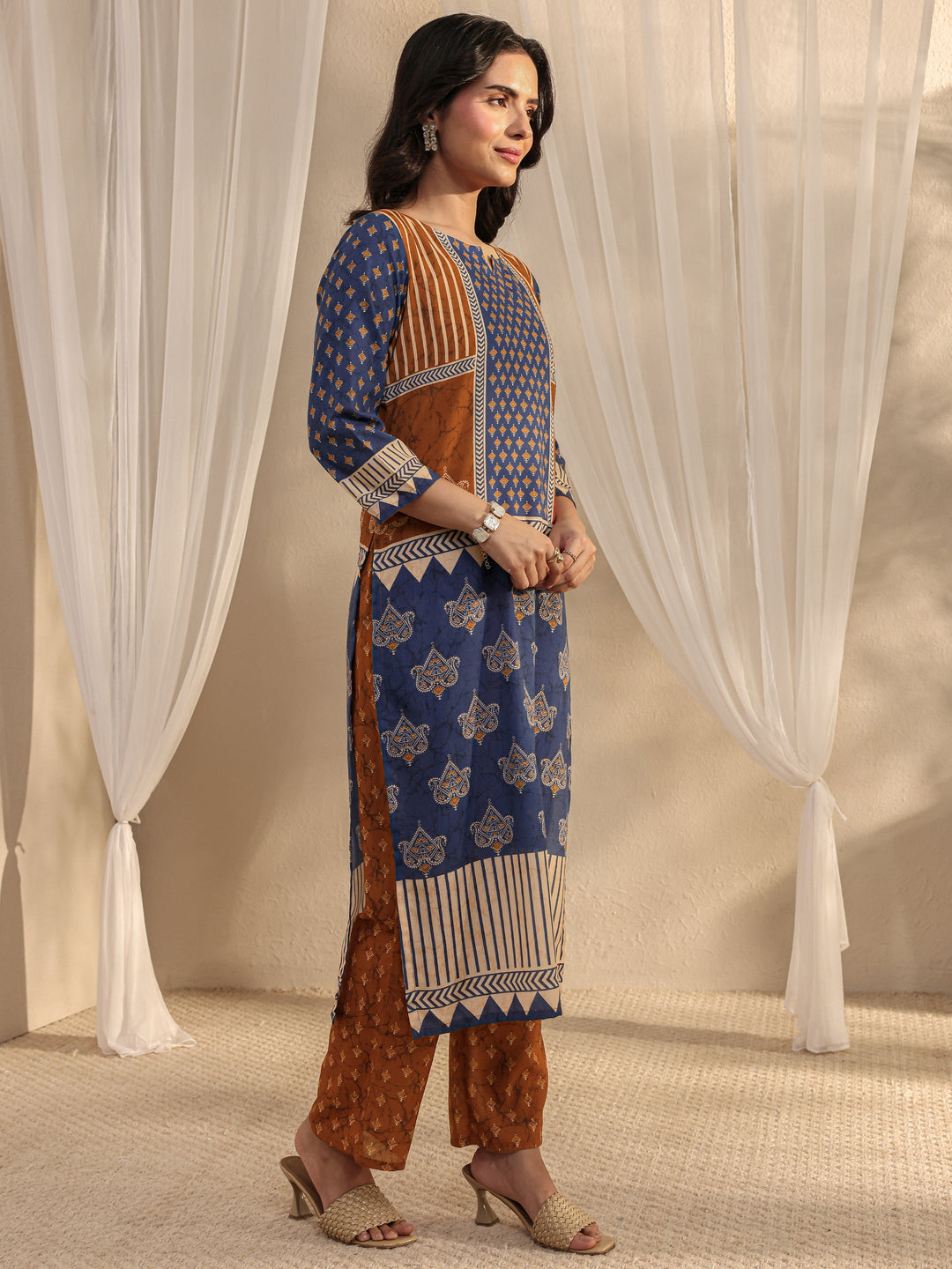 Blue Ethnic Printed Cotton Blend Straight Suit Set With Dupatta