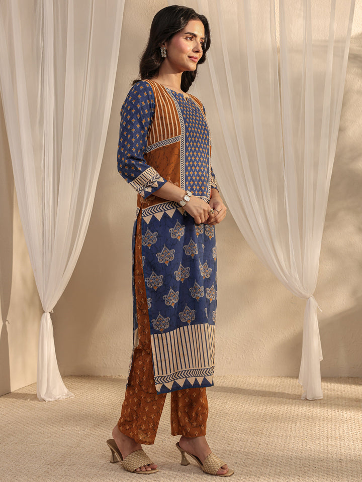 Blue Ethnic Printed Cotton Blend Straight Suit Set With Dupatta