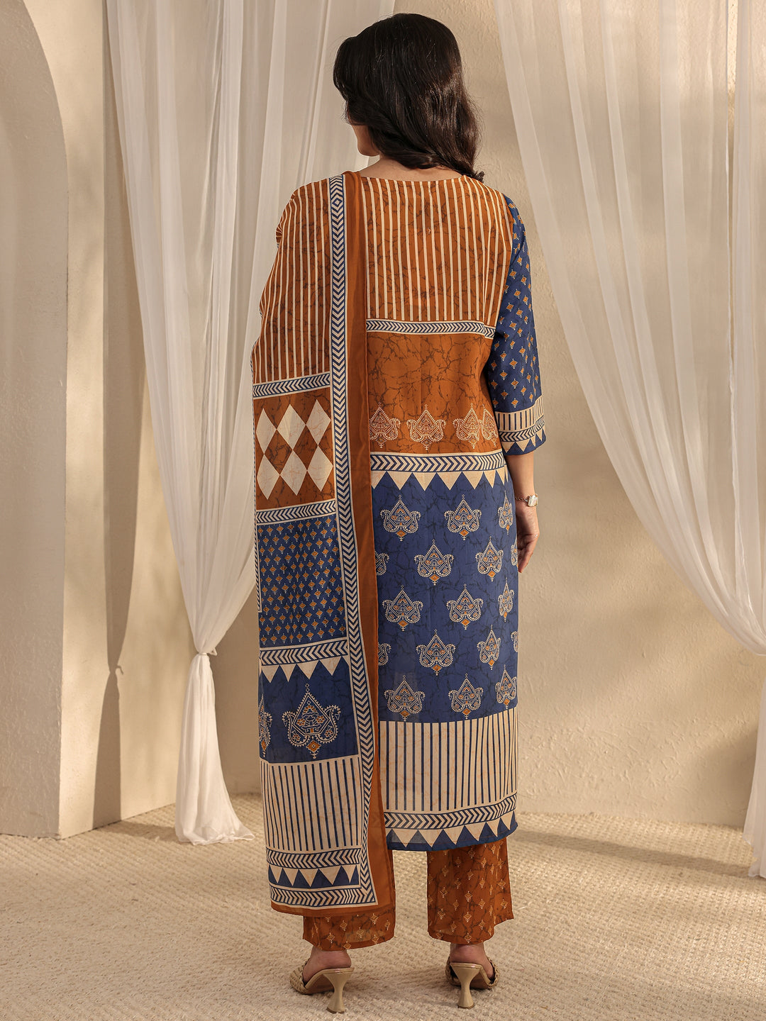 Blue Ethnic Printed Cotton Blend Straight Suit Set With Dupatta