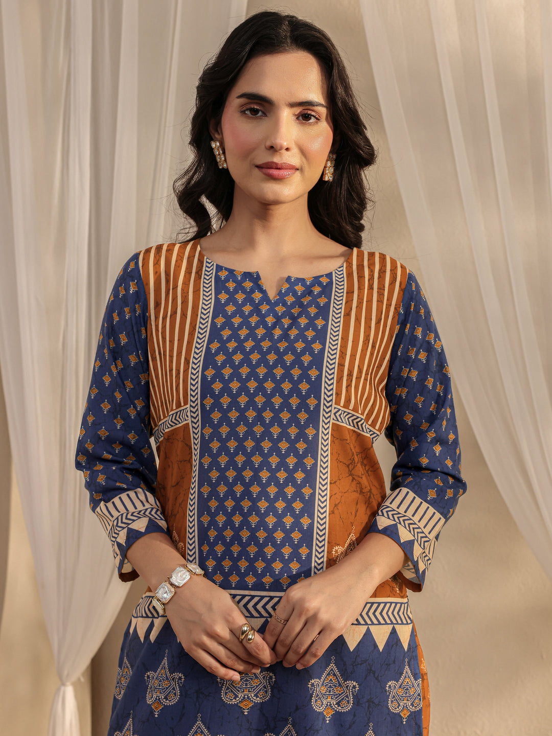 Blue Ethnic Printed Cotton Blend Straight Suit Set With Dupatta