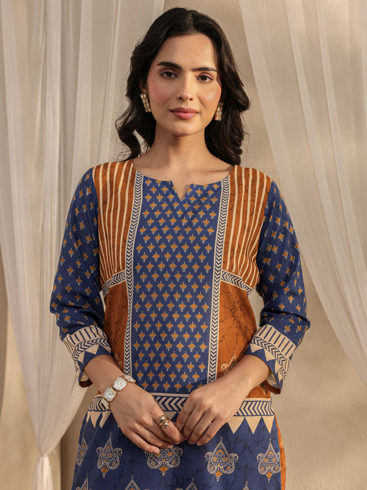Blue Ethnic Printed Cotton Blend Straight Suit Set With Dupatta