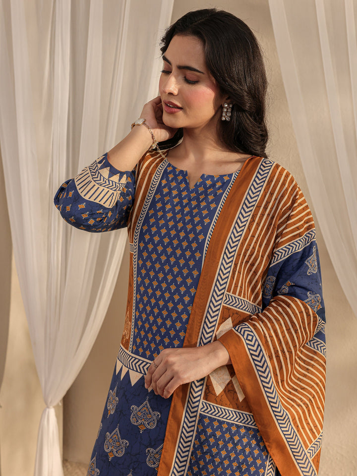 Blue Ethnic Printed Cotton Blend Straight Suit Set With Dupatta
