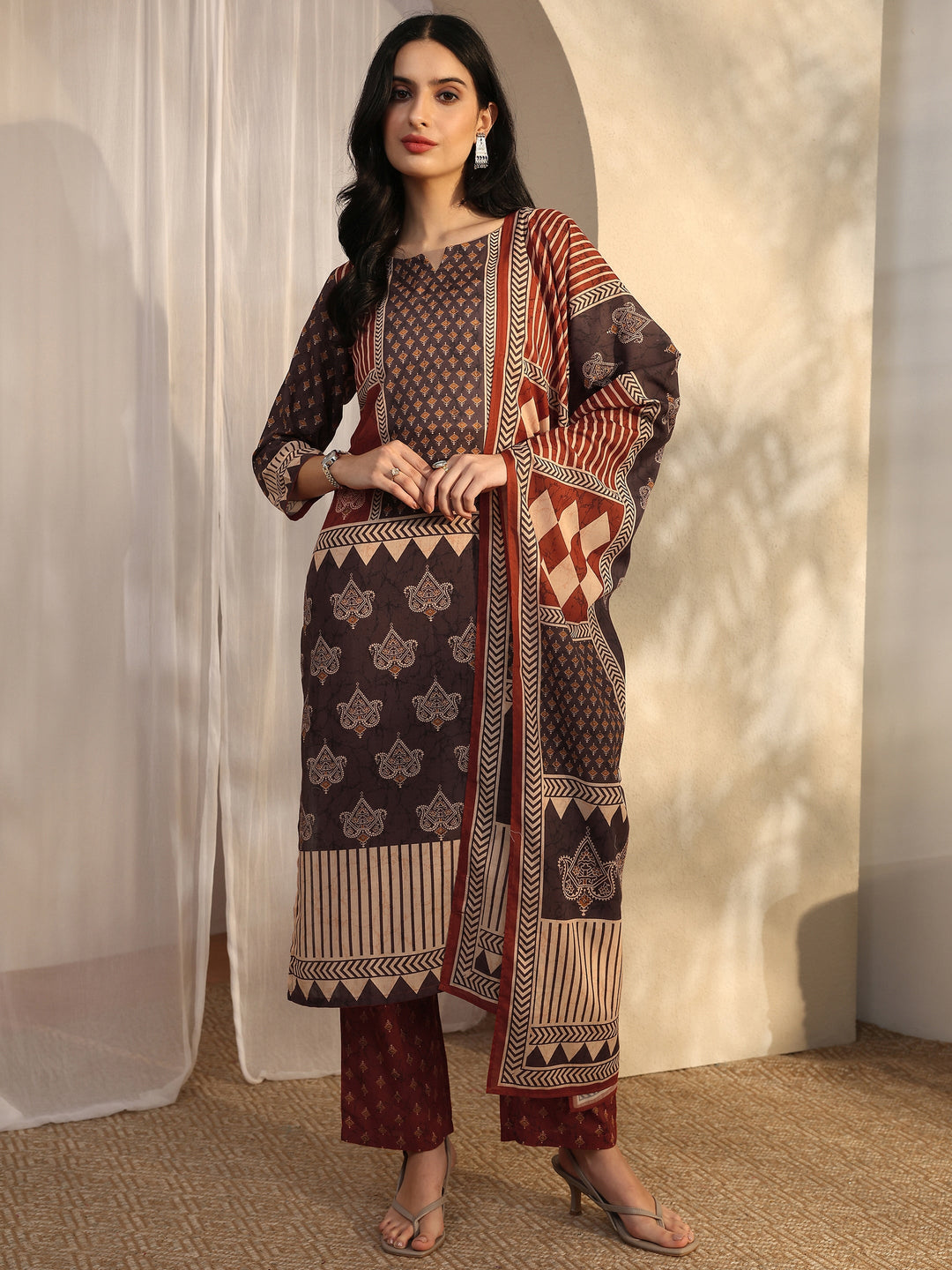 Brown Printed Cotton Blend Straight Suit Set With Dupatta