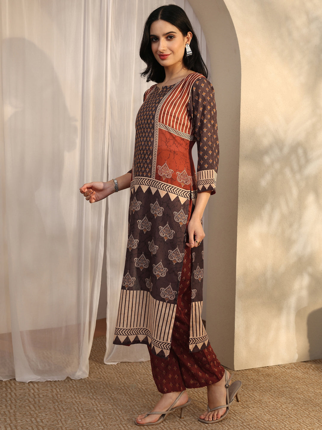 Brown Printed Cotton Blend Straight Suit Set With Dupatta