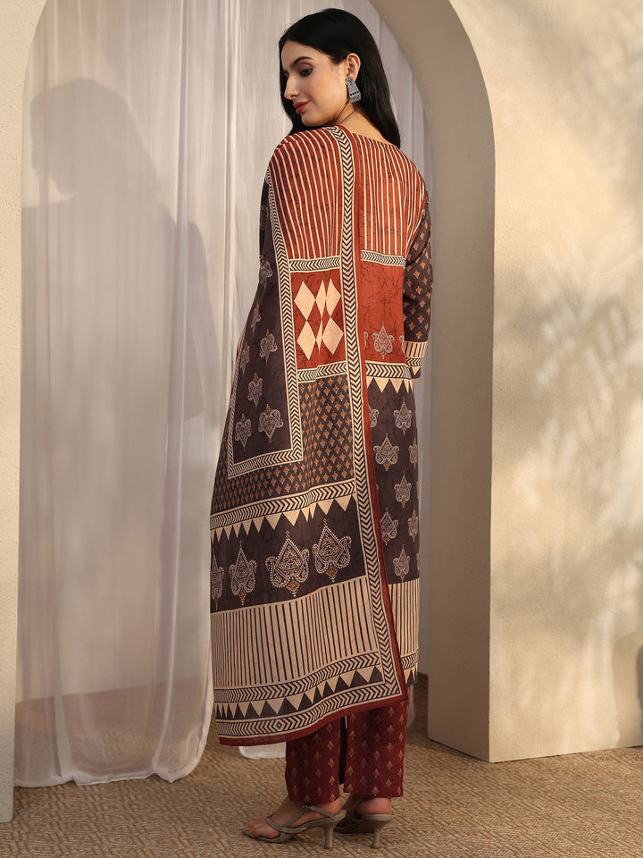 Brown Printed Cotton Blend Straight Suit Set With Dupatta