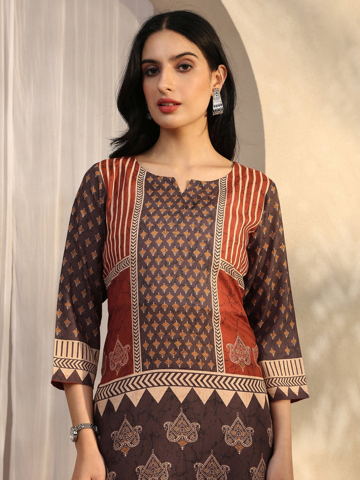 Brown Printed Cotton Blend Straight Suit Set With Dupatta