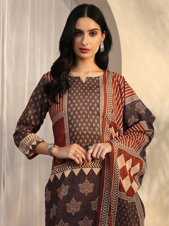 Brown Printed Cotton Blend Straight Suit Set With Dupatta