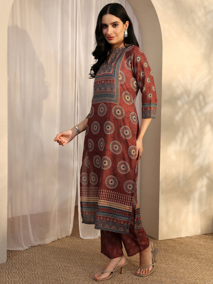 Rust Printed Cotton Blend Straight Suit Set With Dupatta