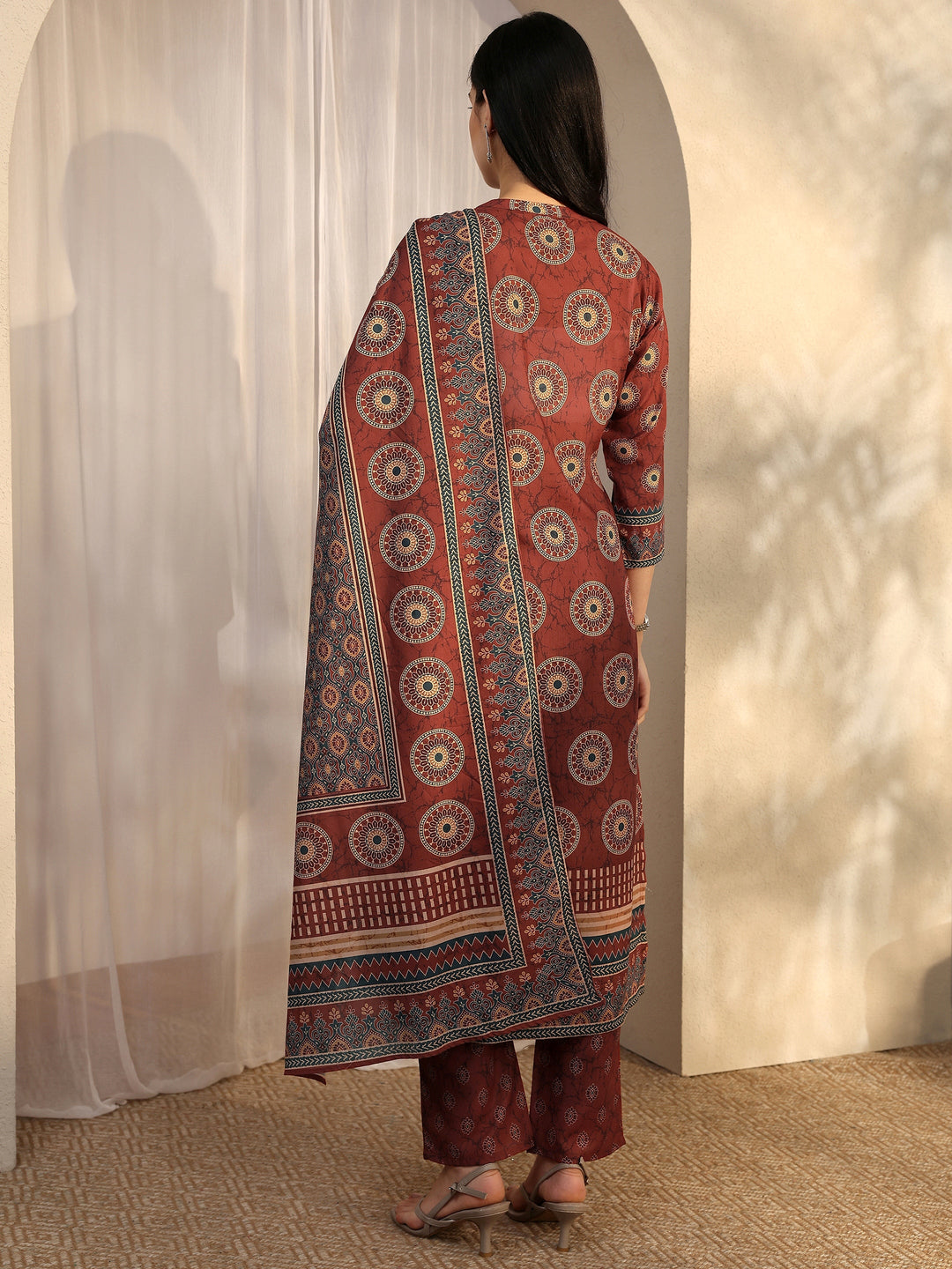 Rust Printed Cotton Blend Straight Suit Set With Dupatta