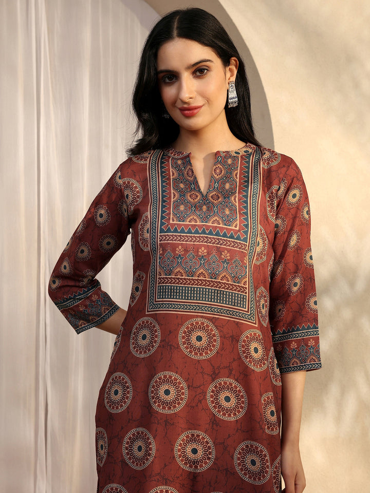 Rust Printed Cotton Blend Straight Suit Set With Dupatta